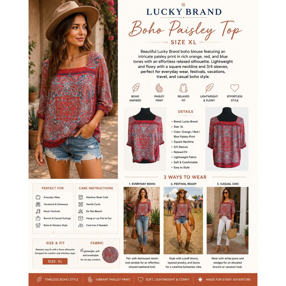Lucky Brand Paisley Boho Top Womens XL Orange Red Print Peasant Blouse